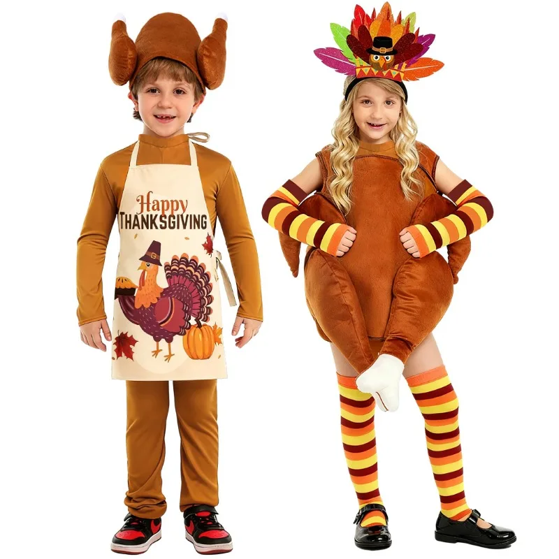 

Thanksgiving Cosplay Roast Turkey Costume Chicken Cos Jumpsuit Hat Apron Full Set School Stage Performance Boys Girls Party