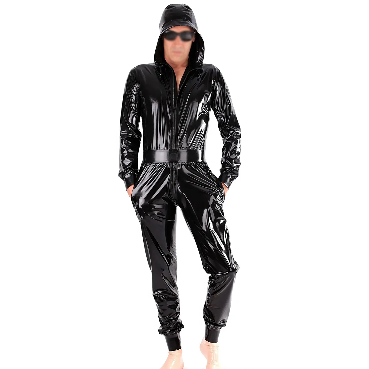 

Black Sexy Loosely Latex Jumpsuits Hoodies Belt Front Zipper Pockets Rubber Catsuit Jogging Suit Zentai Overall Tracksuit 100