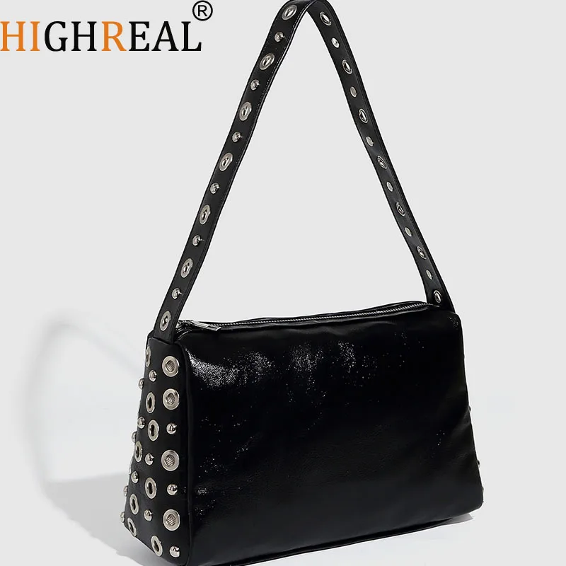 

Punk Hollow Rivet Shoulder Bag High Quality PU Leather Women's Handbags Luxury Designer Bags for Women New Pillow Bag Purses