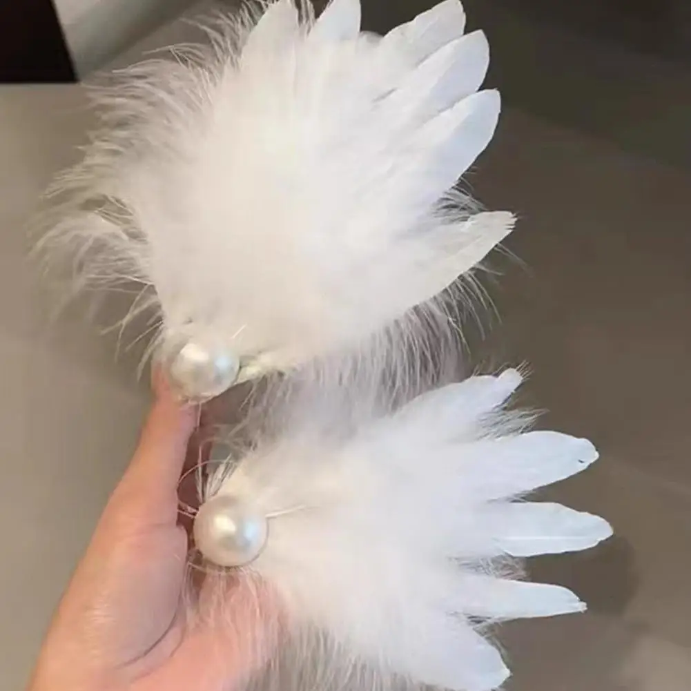 2pcs White Swan Feather Hairpin Headwear Ballet Style Stage Performance Side Clip Girl Party Faux Pearl Accessories Hair Clips