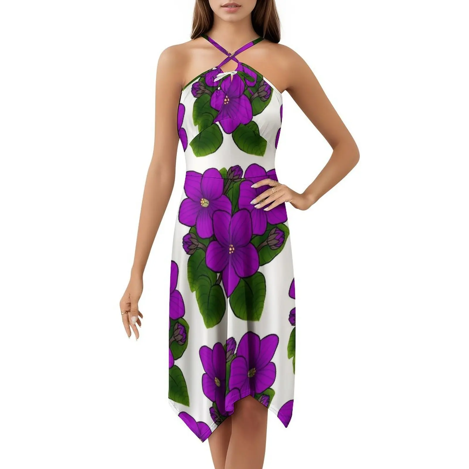 الأرجواني البنفسج الأفريقي في الأبيض البوهيمي فستان بلا أكمام للنساء طباعة فساتين حفلات الشاطئ البنفسجي البنفسجي الأفريقي الأفريقي