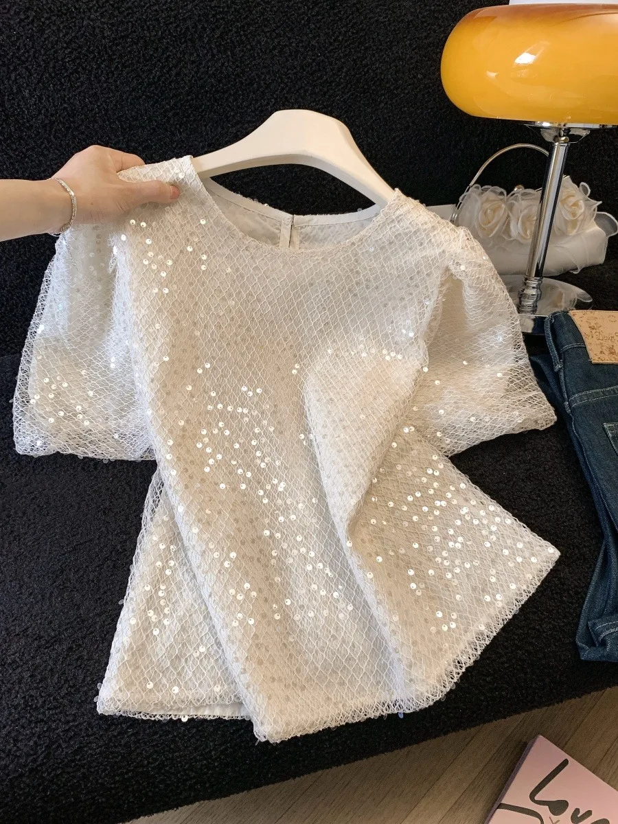 

Shiny Sequin Euro Organza Short Sleeve Women's Shirt Summer Beautiful Lantern Sleeve Top Korean Style Loose Fit round Neck