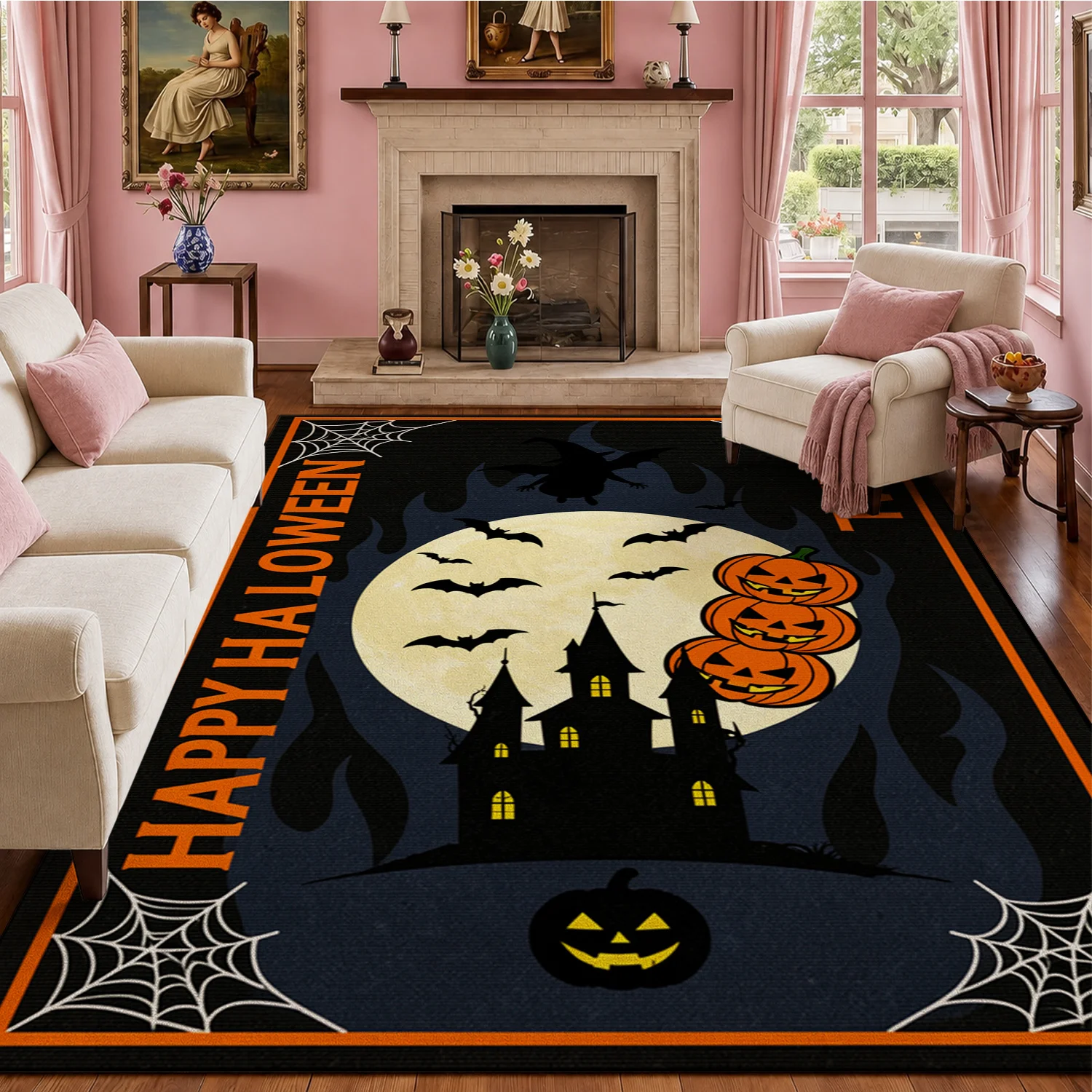 Halloween Pumpkin Haunted House Bat Spider Web Doormat, Velvet Material, Machine Washable, Suitable for Entryway, Porch, Patio, Perfect for Halloween, Thanksgiving, Black Friday, Christmas, New Year Home Decor
