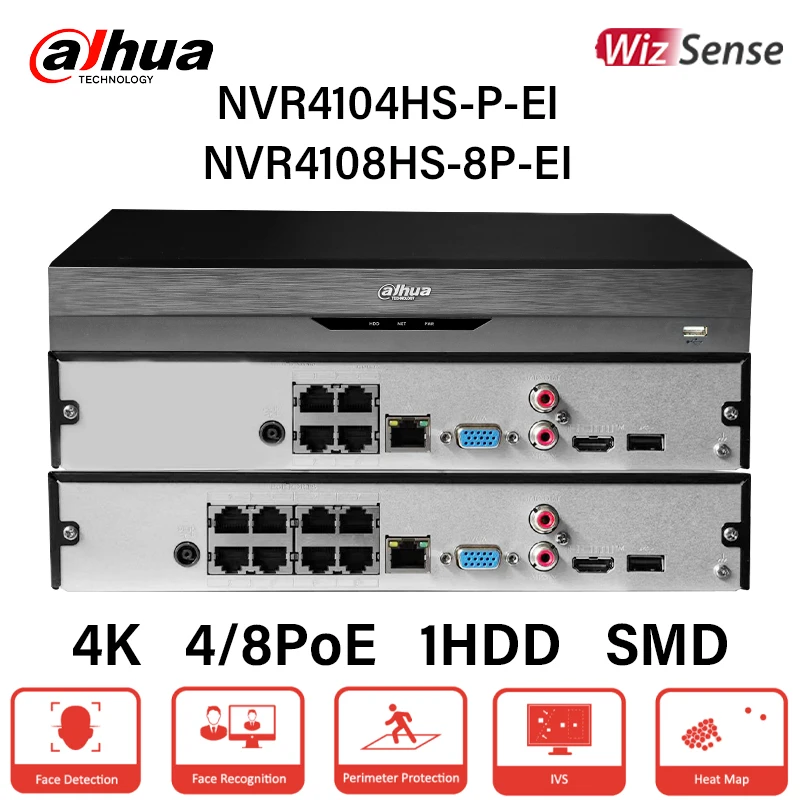 Dahua WizSense 4 8 PoE NVR Smart Ai Face Recognition Perimeter Protection Video Recorder H.265 4K NVR4104HS-P-EI NVR4108HS-8P-EI