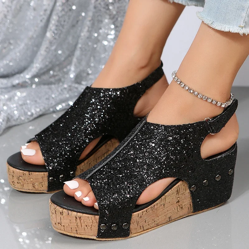 Women Summer Wedges Pumps High Heels Platform Wedge Sandals High Heel Fish Mouth Retro Women Platform Sandals Size 43 Sandalias