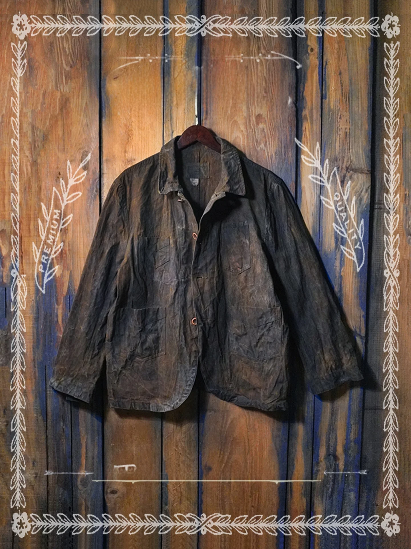 

Retro Hand-Dyed Pure Cotton Fine Canvas Plant Dye Railway Work Jacket Rust Grass Wood Outerwear Breathable Long Sleeve Coat