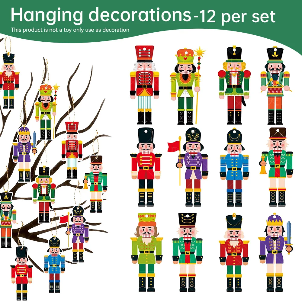 12Pcs new Christmas Nutcracker wooden/Paper ornament set Party atmosphere decorate Christmas tree hanging with New Year gifts