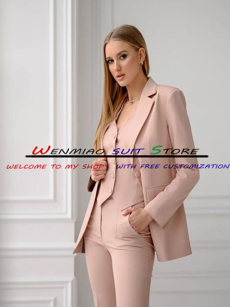 Three-Piece Formal Suit for Women, Pink Blazer, Pants Vest, Tuxedo, Point Lapel, Lady Dress Jacket, Party Fashion