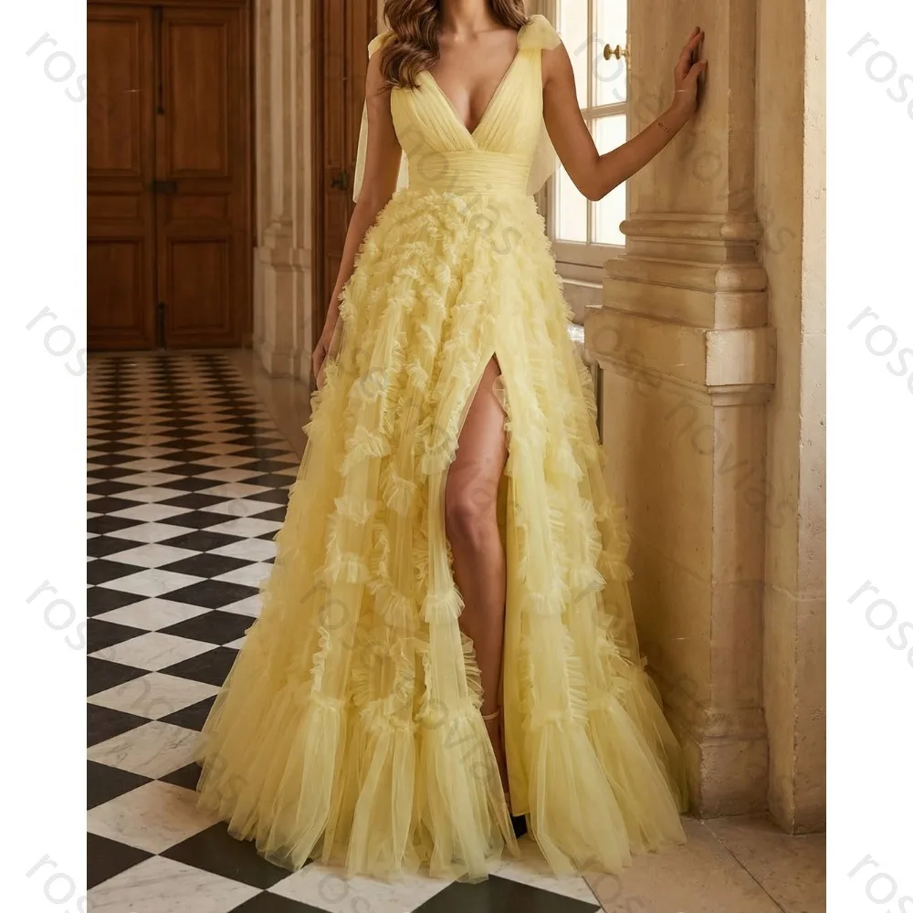 

Customized 2026 Hot Sale Glamorous Butter Yellow Formal Dress V-Neck Tulle Ruffle High Slit Ball Gown Women Prom