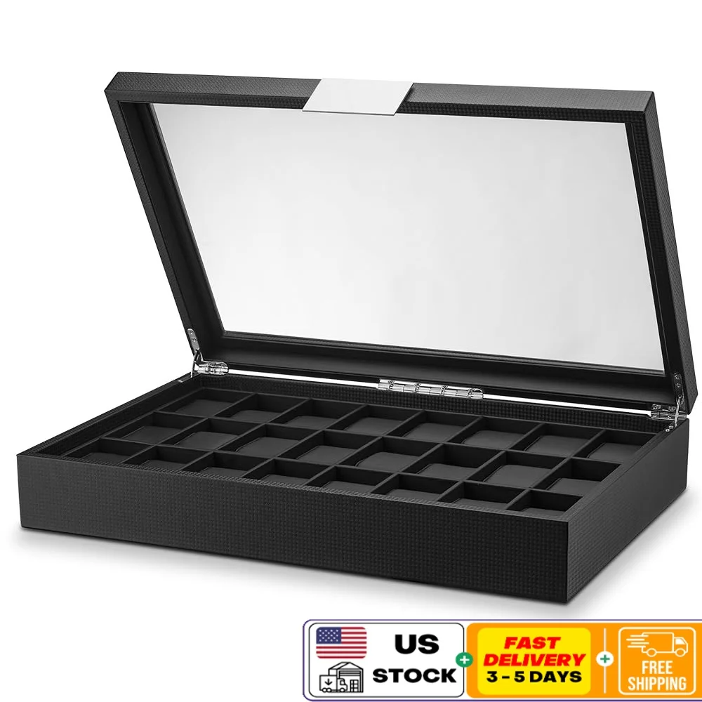 

Luxury 24 Slot Watch Box Organizer Carbon Fiber Display Case Elegant Storage Men Jewelry Gifts and Accessories