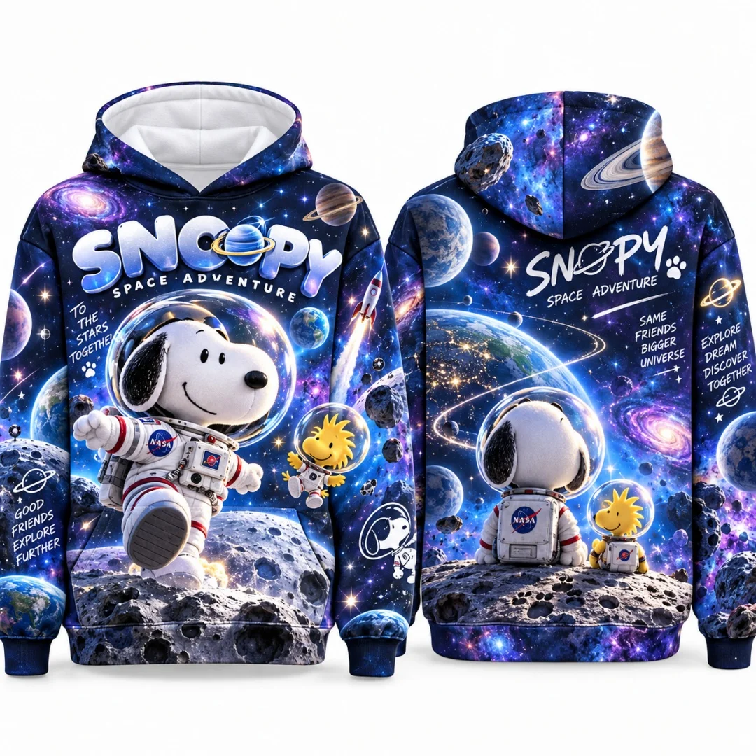 Snoopy Peanuts Space Astronaut Hoodie Unisex Galaxy Planet Pullover Hooded Sweatshirt Cartoon Outer Space Streetwear Kids Tops