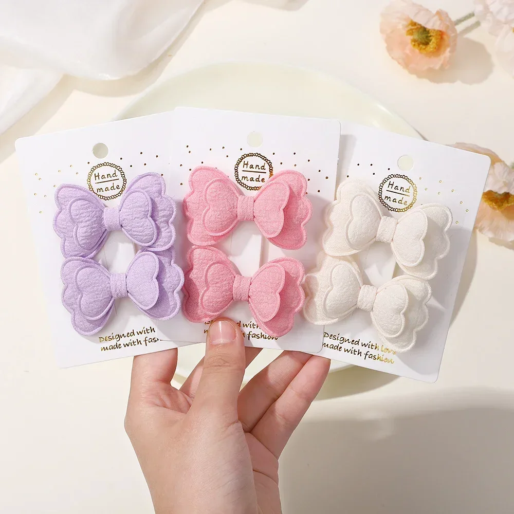 

2Pcs Candy Color Hair Clip Set Double Layered Bow Cute Bangs Sweet HairPin Cotton Safe Children's for Girls Hair Accessories
