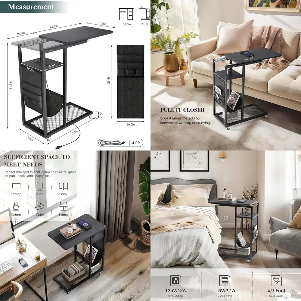 

Extra Large Black C-Shaped End Table with Built-In Charging Station