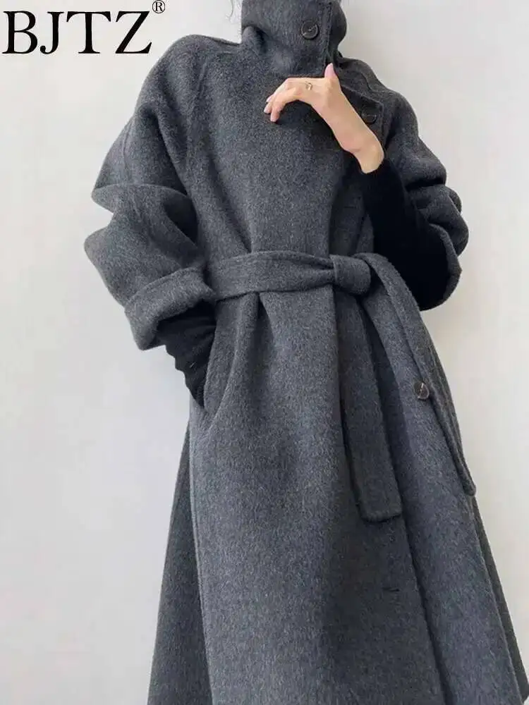 

BJTZ Stand Collar Lace-up Waist Loose Woolen Overcoat For Women 2024 Winter New Trendy Solid Color Temperament Casual Jacket
