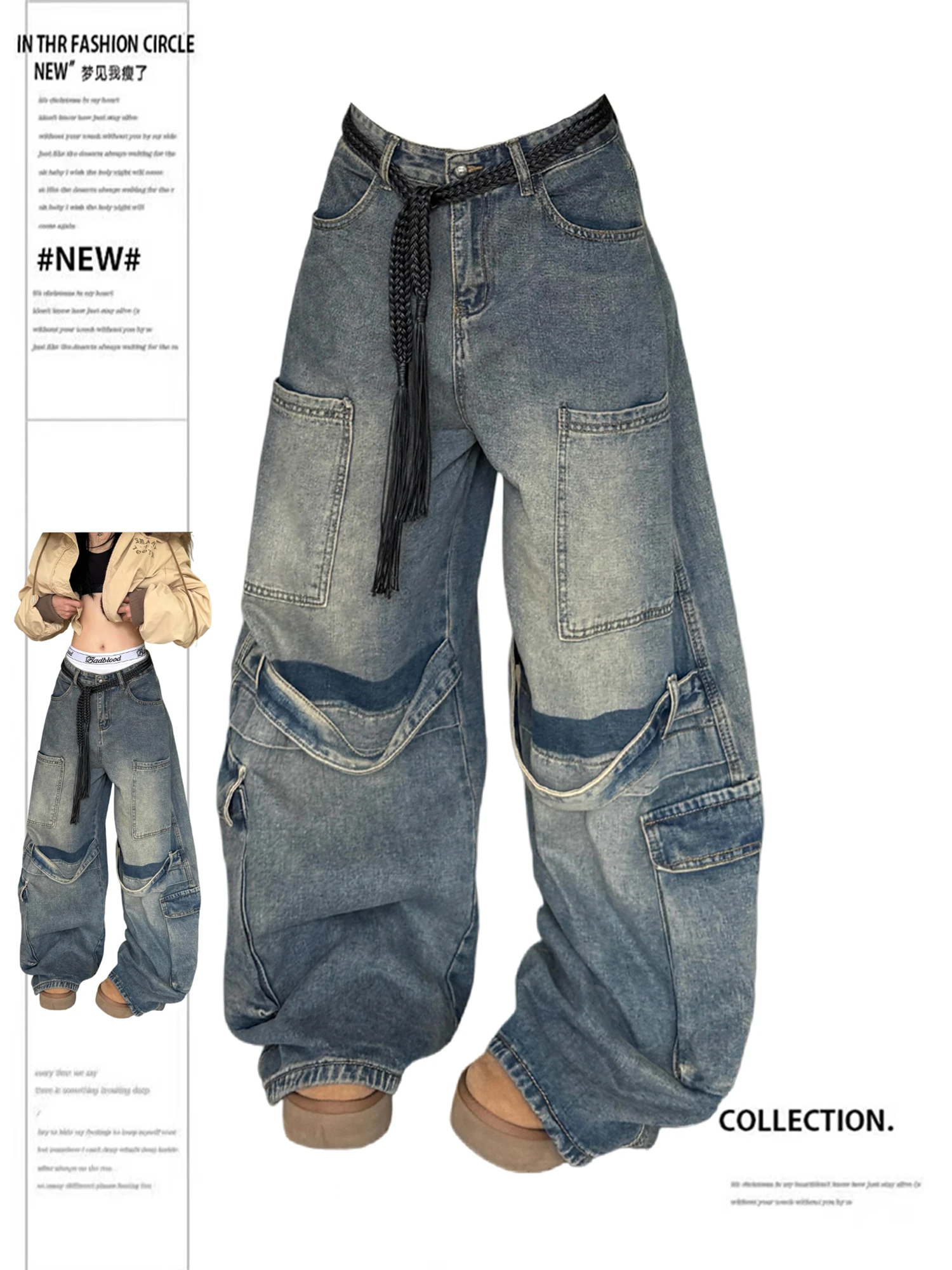 

Women's Y2K Baggy Cargo Jeans Vintage Washed Denim with Multiple Pockets Wide Leg Trousers Streetwear Casual Fashion Pants