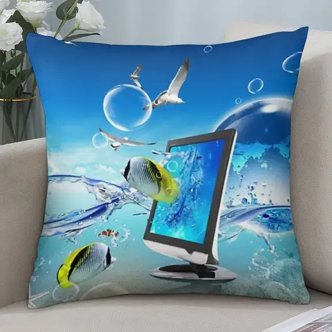 Frutiger Aero Tech Double-Sided Pillowcase, Y2K Fish Monitor Icon Cushion Cover with Zipper, Washable Decor Case
