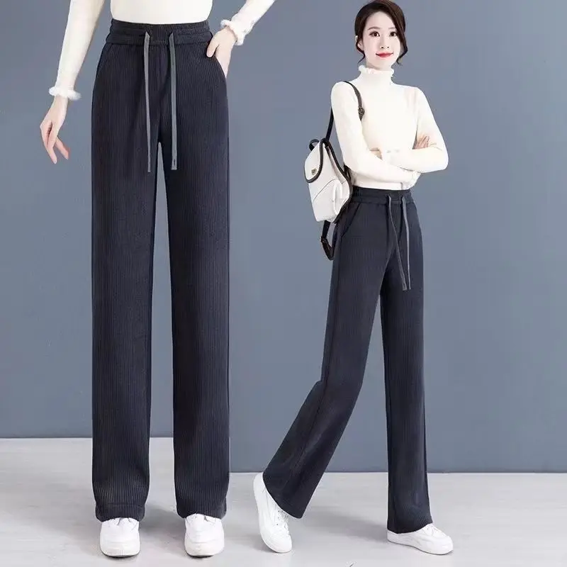 Women's High-end Improved Narrow Spring And Autumn New Edition Plush Western-style Wide Leg Sweat Khaki Pants For Women Straight