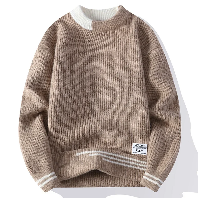 New Men's Versatile Pullover Sweater Fashionable Stripe Color Block Knitted Top Crew Neck Casual Base Shirt Trendy