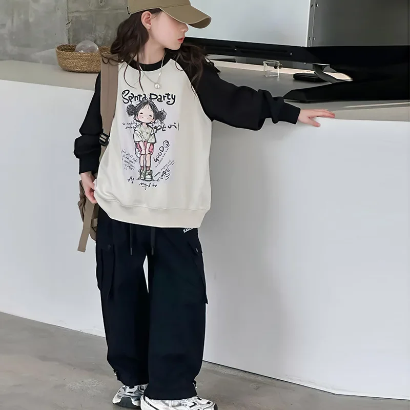 Girls Hoodie 2024 Autumn New Childrens Wear Korean Style Girl Baby Girl Printed Color Matching Round Neck Hoodie Casual Simple image 3