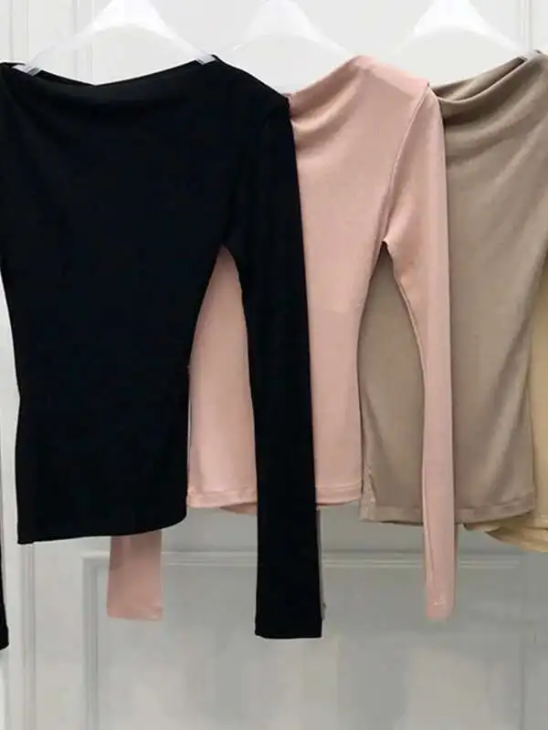 2024 outono/inverno versão coreana nova slash neck manga longa camiseta feminina cinching cintura sólida magro meados de comprimento estilo topo e0l2