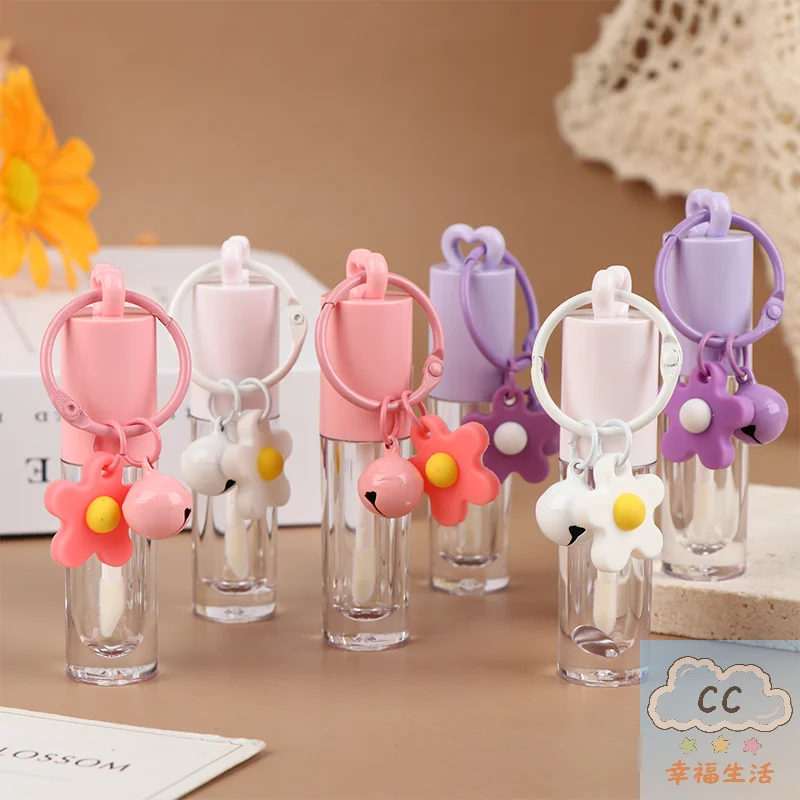 YY Heart-Shaped Lip Gloss Tube 2.5ml, Pink Empty Bottle with Keychain & Brush, Portable Lip Enamel Container for DIY Makeup Tool