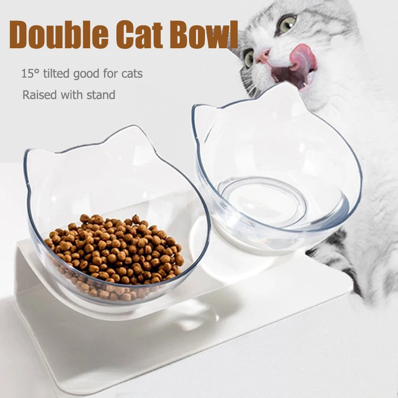 Non-slip Double Elevated Cat Bowls with Stand, 15 Tilte Raised Cat Watering & Feeding Bowls, Neck Guard Pet Feeder Bowl for Cat