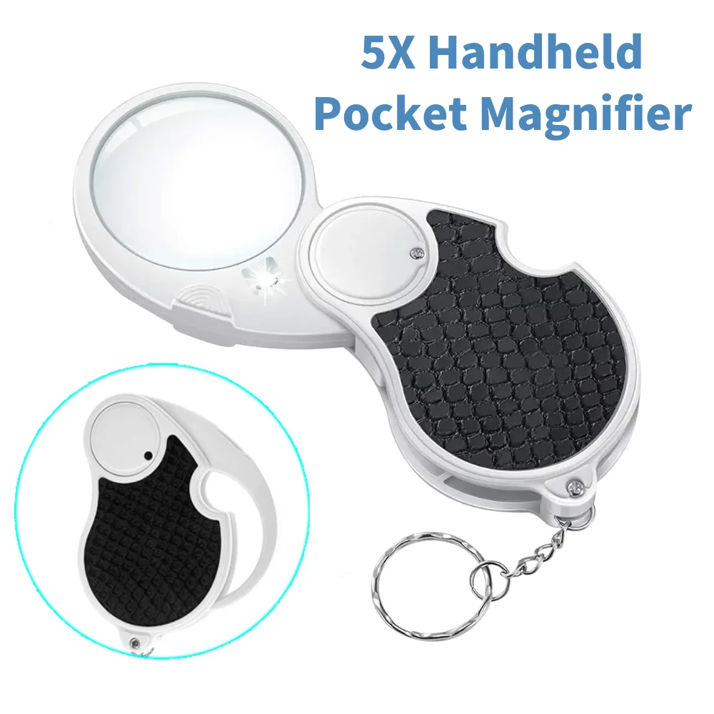 5X Handheld Pocket Magnifier Portable Folding Lighting Elderly Hand-held Reading Magnifying Glass With Key Chain