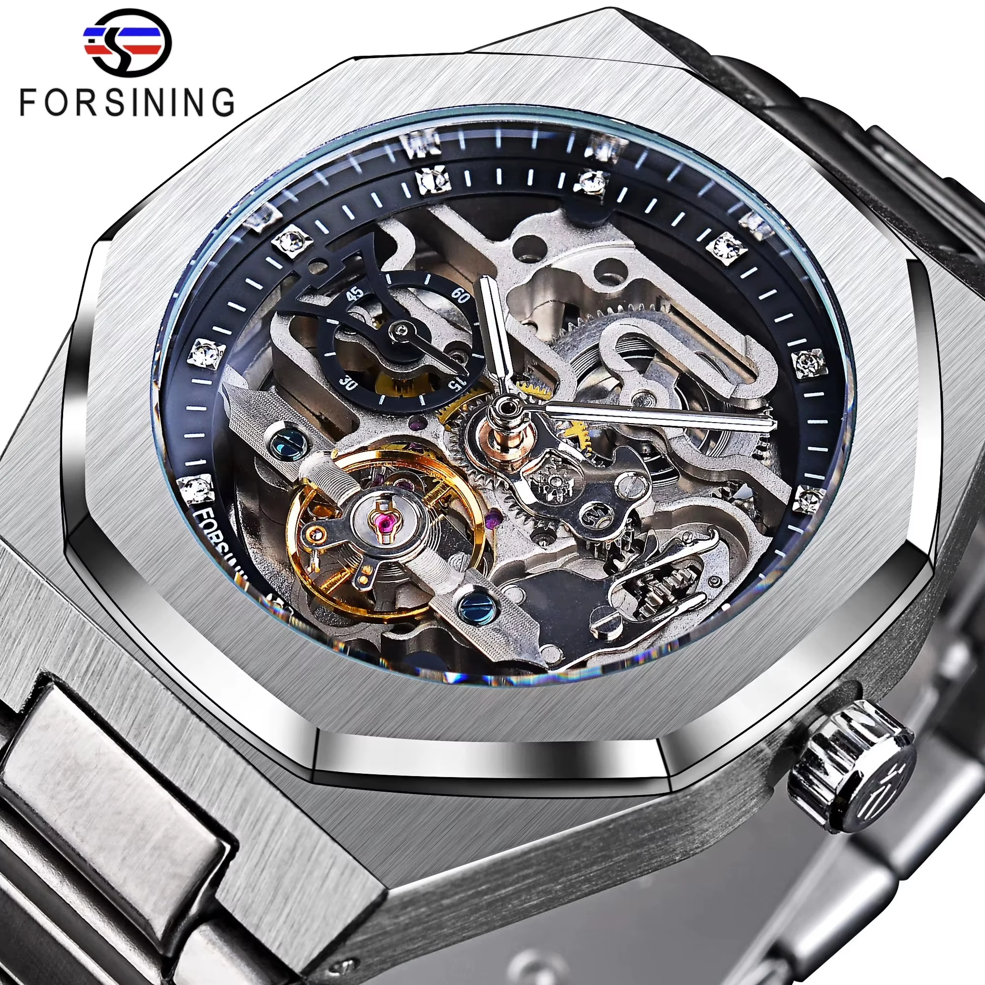 Men Hollow Out Skeleton Mechanical Watch, Automatic, Luminous, Waterproof, Stainless Steel Strap Watch