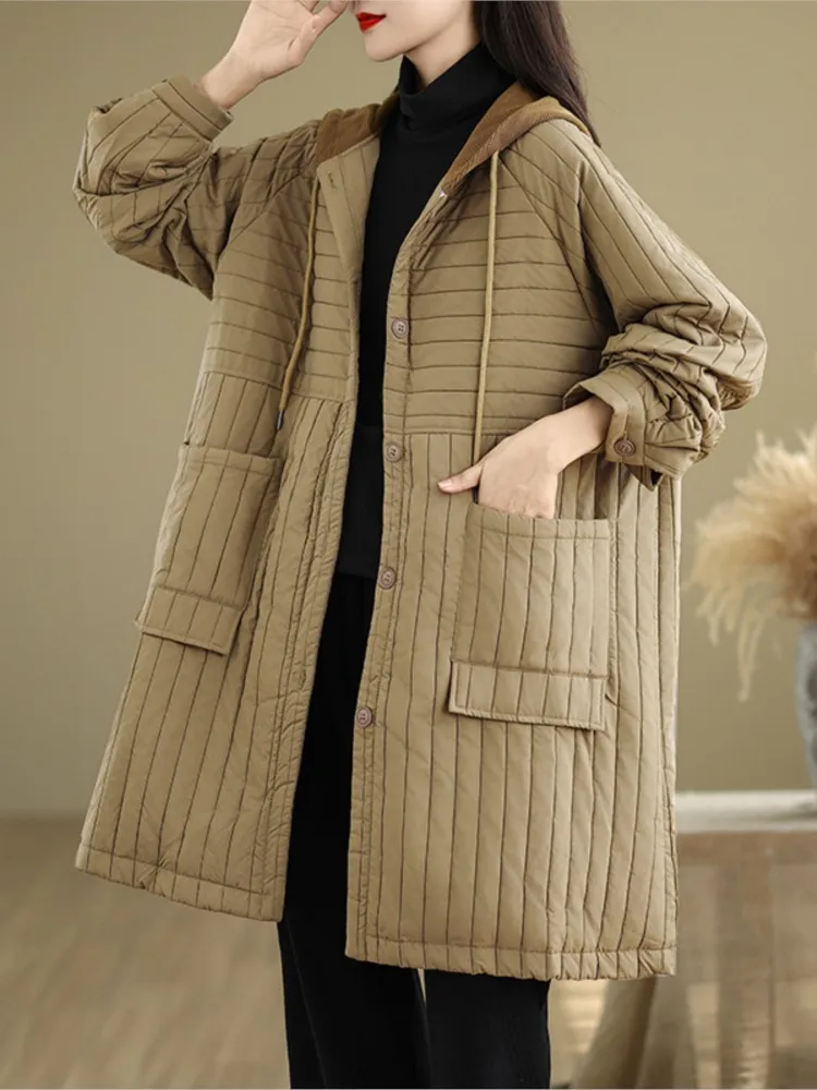 Oversized Autumn Winter Hooded Padded Cotton Coat Women Loose Pleated Fashion Ladies Jackets Long Sleeve Casual Woman Midi Coats