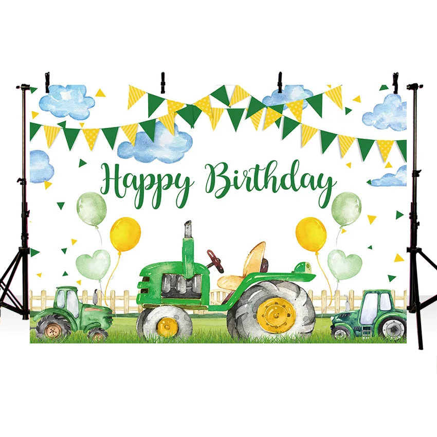Mehofond Green Tractor Photography Backdrop Custom Boy Birthday Party Clouds Balloon Garssland Background Photo Studio Photozone
