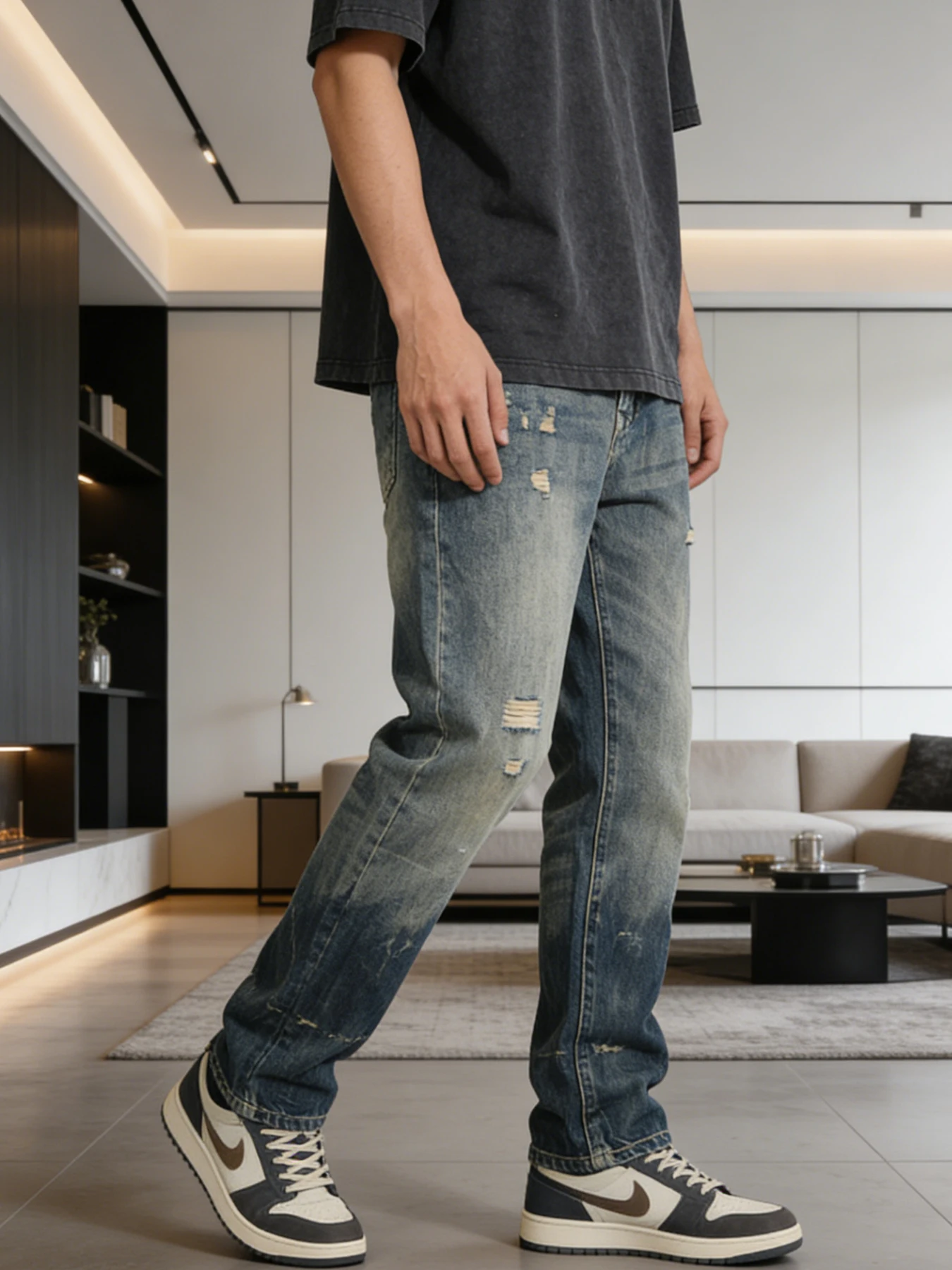 

American-style vintage heavy-duty ripped distressed jeans, men's straight fit, high street trendy casual versatile long pants