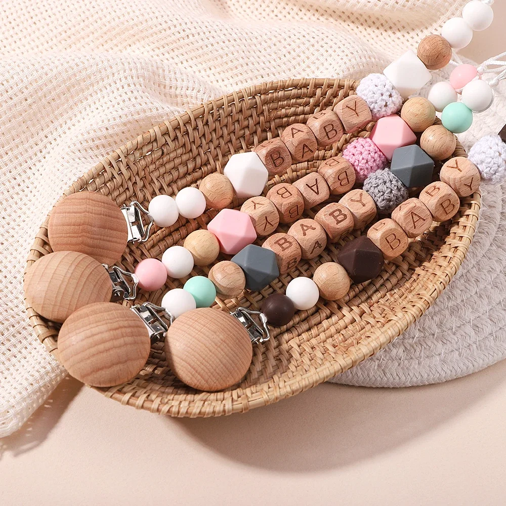 Silicone Material Baby Anti Fall Chain Pacifier Clip Silicone Beads Baby Pacifier Clip Circular Wooden Letter Pacifier Chain