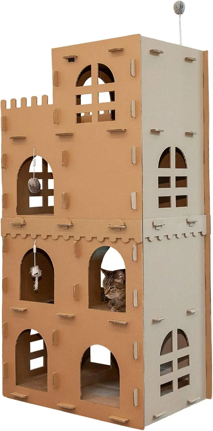 

Multi-Level Cardboard Cat Condo w/ Catnip for Indoor Cats, Ft. Scratching Pads & Toys - High Castle Tower Corrugated Ca