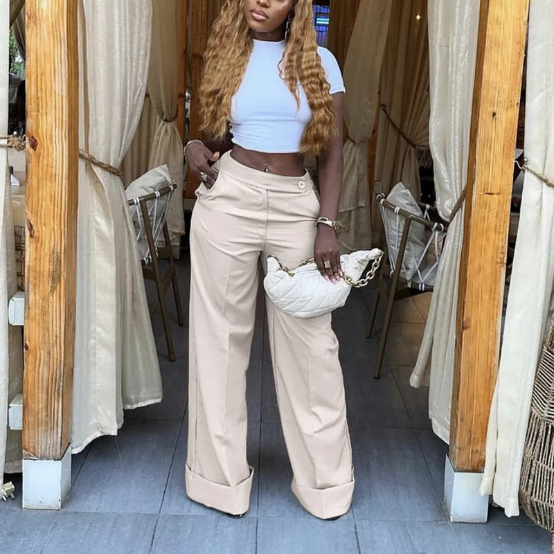 Women's Solid Color High Waist Wide Leg Pants Cuffed Hem Button Closure Pockets Design Office Work & Casual Streetwear Outfit