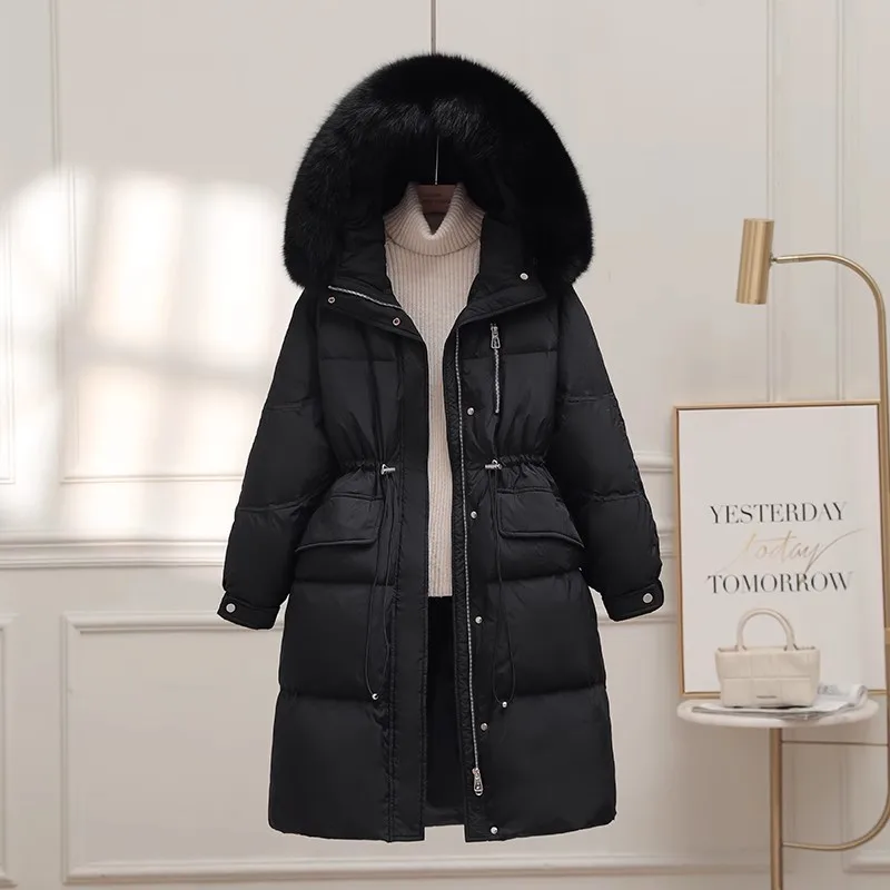 Inverno real gola de pele de raposa para baixo jaqueta longa feminina 2024 novo engrossar pato branco para baixo casacos moda com capuz parka puffer casaco