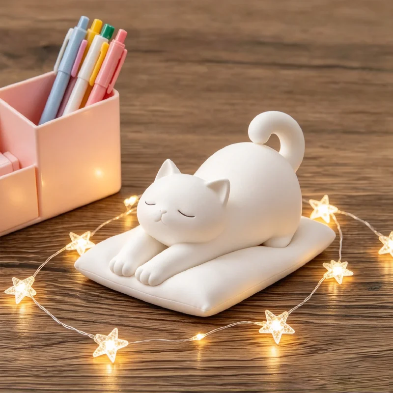 Relaxed Kitty Sculpture 3D Printed Sleeping Cat On Pillow Figurine Aesthetic Tabletop Ornament For Living Room Desk Decor