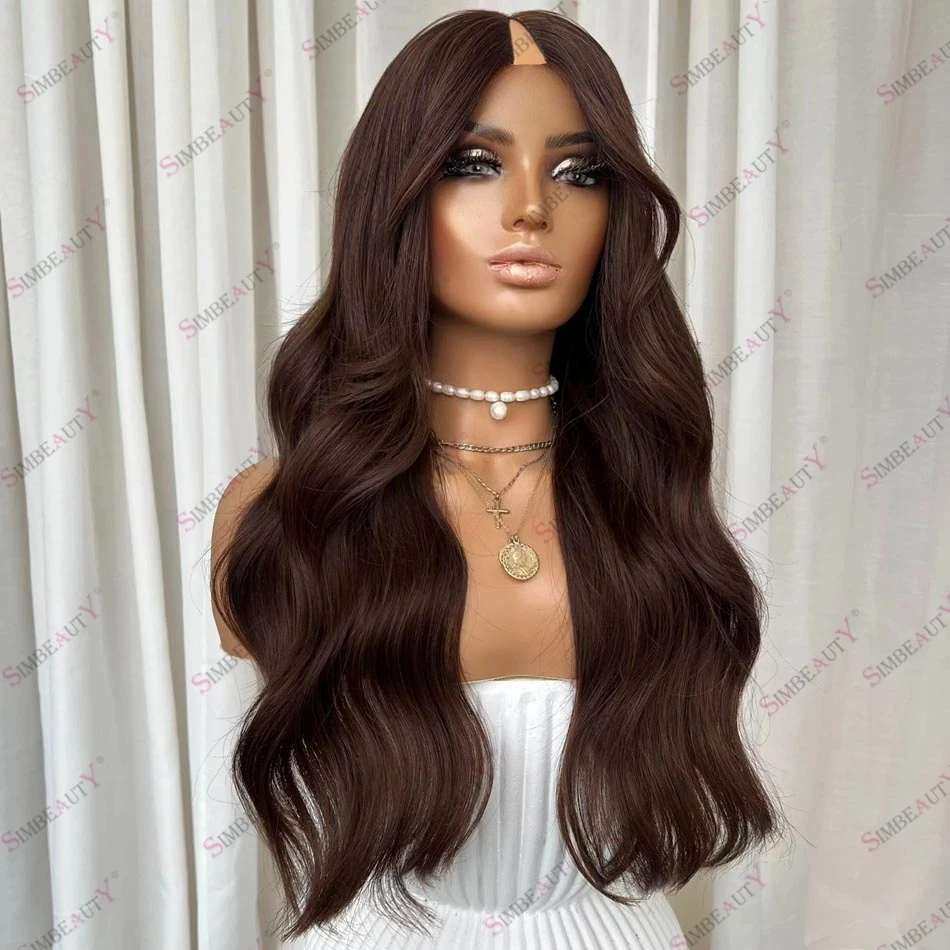 

Mocha Brown Wavy Long Human Hair U Part Wig Easy Wear with Clips, 1x4 Opening V Part Wigs 200Density Remy Peruvian HumanHair