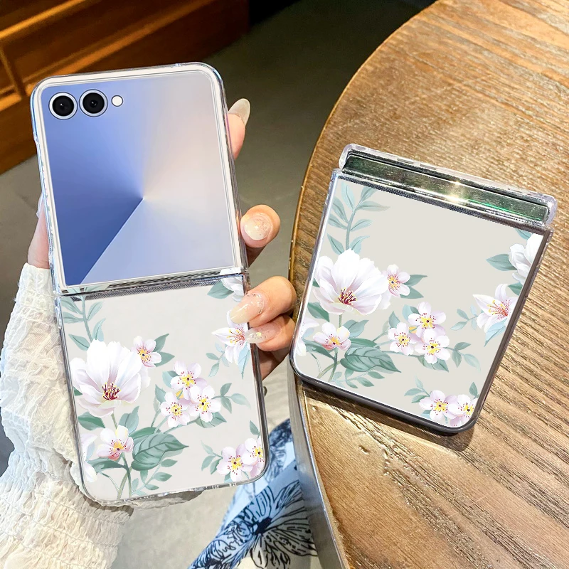 For Samsung Galaxy Z Flip 8 7 FE 6 5 4 3 5G Flowers Pattern Clear Folding Hard Phone Case Cover For Samsung Z Flip5 Flip6 Flip7