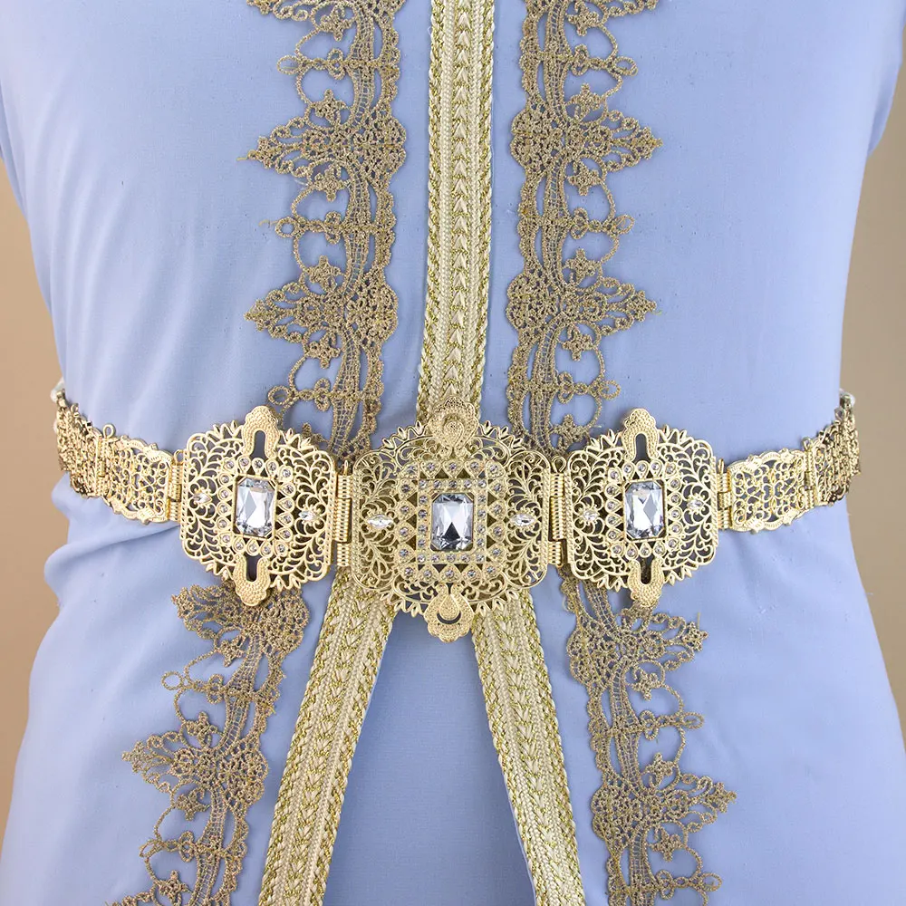 Sunspicems Chic Alloy Belt For Moroccan Bride Tassel Straps Rope Waist Chain Arabic Lady\'s Caftan Dress Body Chains Gold Color