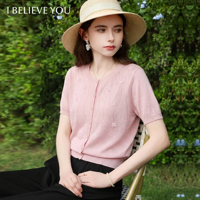 I BELIEVE YOU Pink Round Neck Short Sleeve Knitted Shirt 2026 Summer New Mesh Bead Applique Elegant Top For Women 2261146399