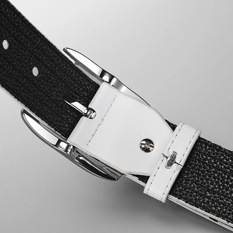 White PU Men's Belt with Red and Blue Striped Design, Adjustable Silver Slide Buckle, Perfect for Casual Jeans, Smart Casual & B