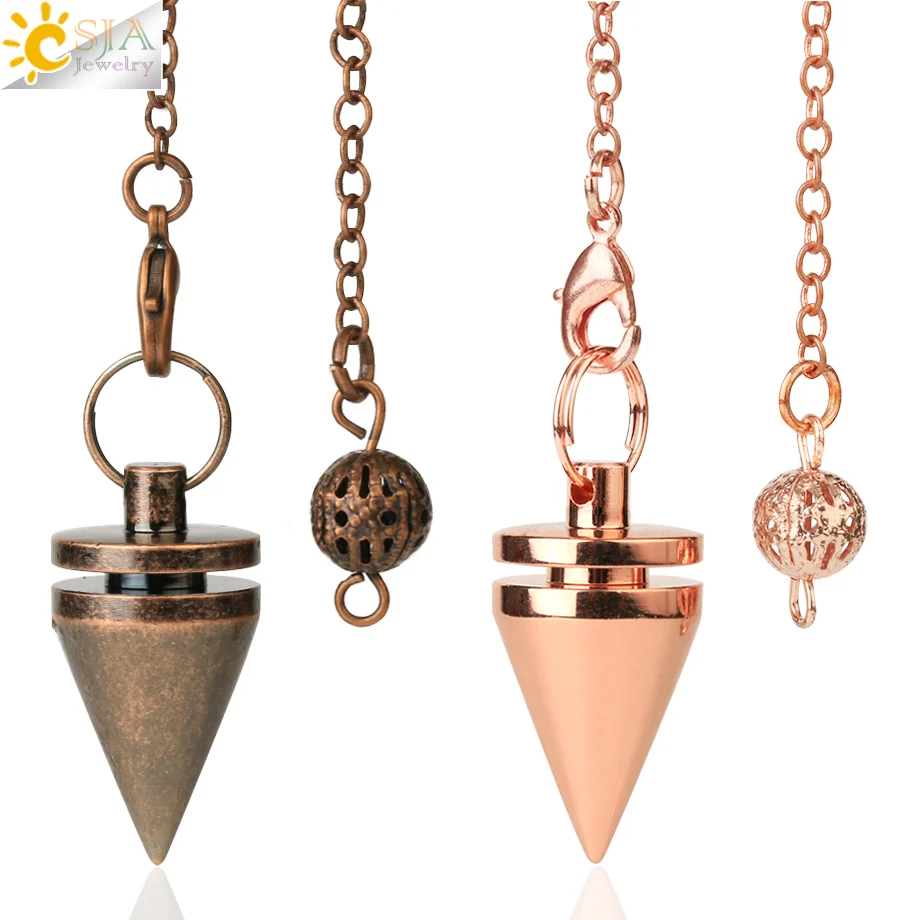 CSJA Metal Pendulum for Dowsing Divination Wicca Tool Spiritual Small Cone Rose Gold Color Copper Pendulum Healing Pendulo G597