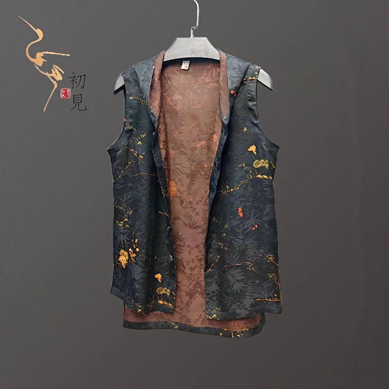 Silk Habotai Fragrant Cloud Male Set Mountain Water Landscape Painting Retro Hatless Sleeveless New Chinese Style Cool Set