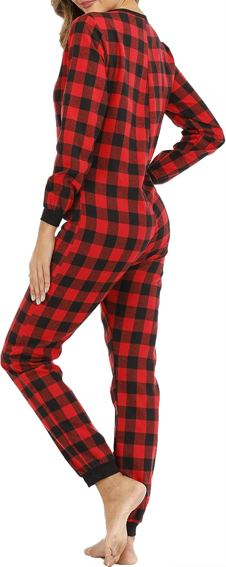

Women Christmas Pajama Jumpsuit Long Sleeve Plaid Pajamas Zipped Sleepwear Loungewear