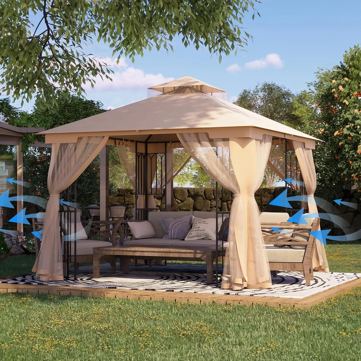 

10x10/10x12/8x8 Patio Gazebo with Mosquito Netting, Patio Canopy with Heavy Duty Frame,Gazebo Tent with Double Air Roofs