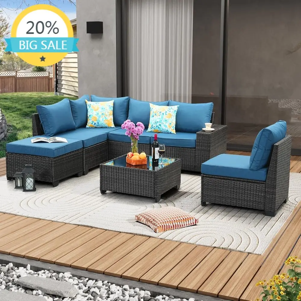 

Всепогодный комплект секционной мебели для улицы из искусственного ротанга с подушками и стеклянным столиком, цвет павлиний синий