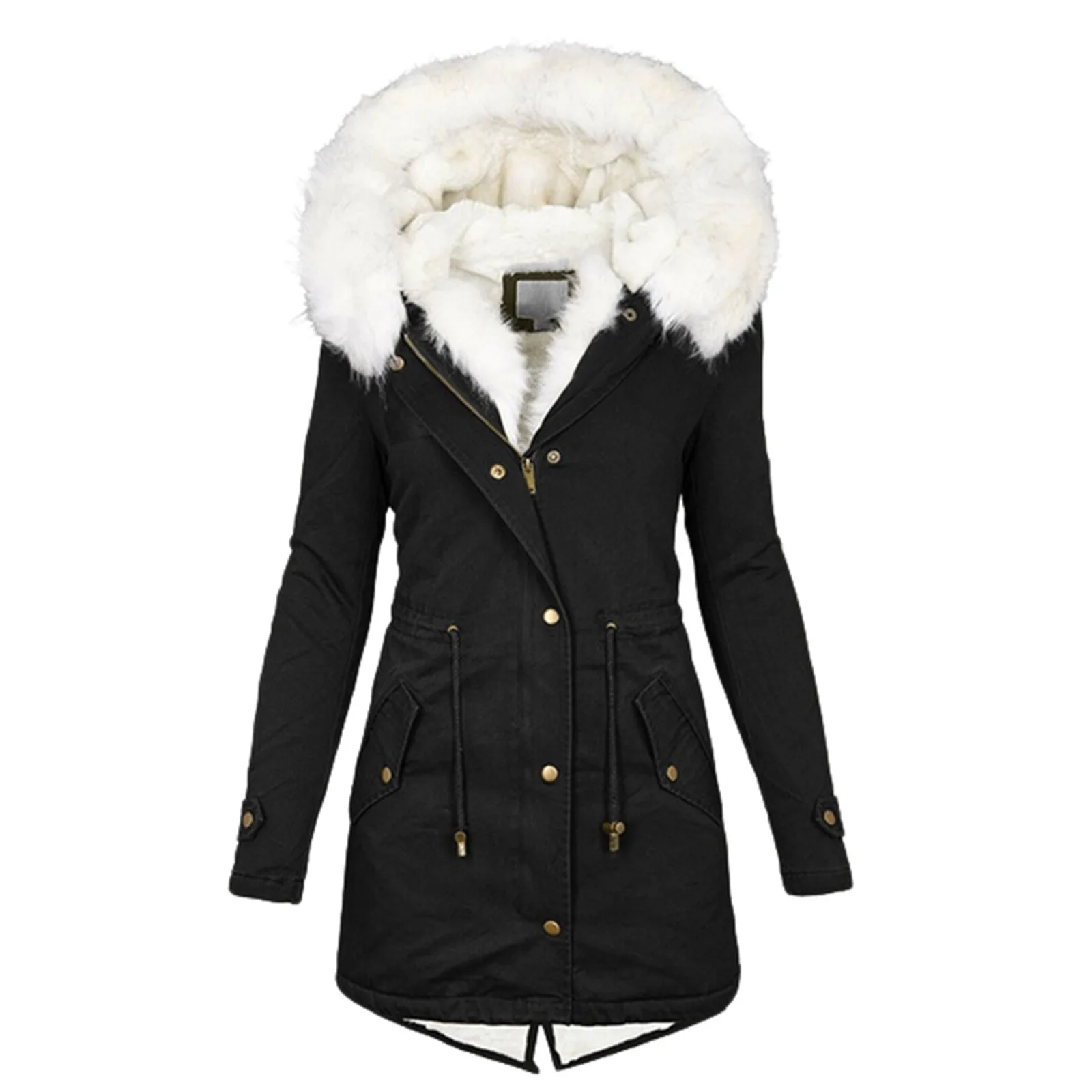 Women Autumn/Winter Mid Long Wind Coat With White Wool Collar Hoodie Warmth Velvet Women Coat European American Body Keep Warm