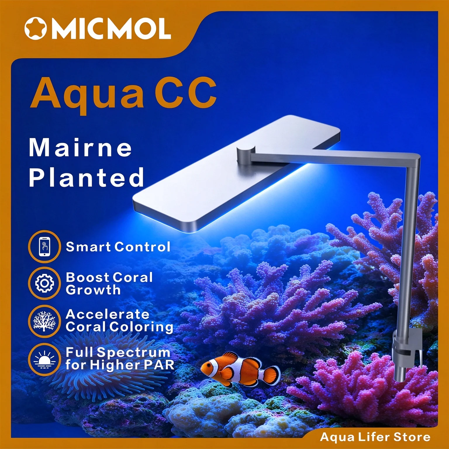 MicMol Aqua CC Full Spectrum Clip LED Aquarium Light, Smart APP Control for Fresh Planted Tank or Marine Coral Reef Aquarium