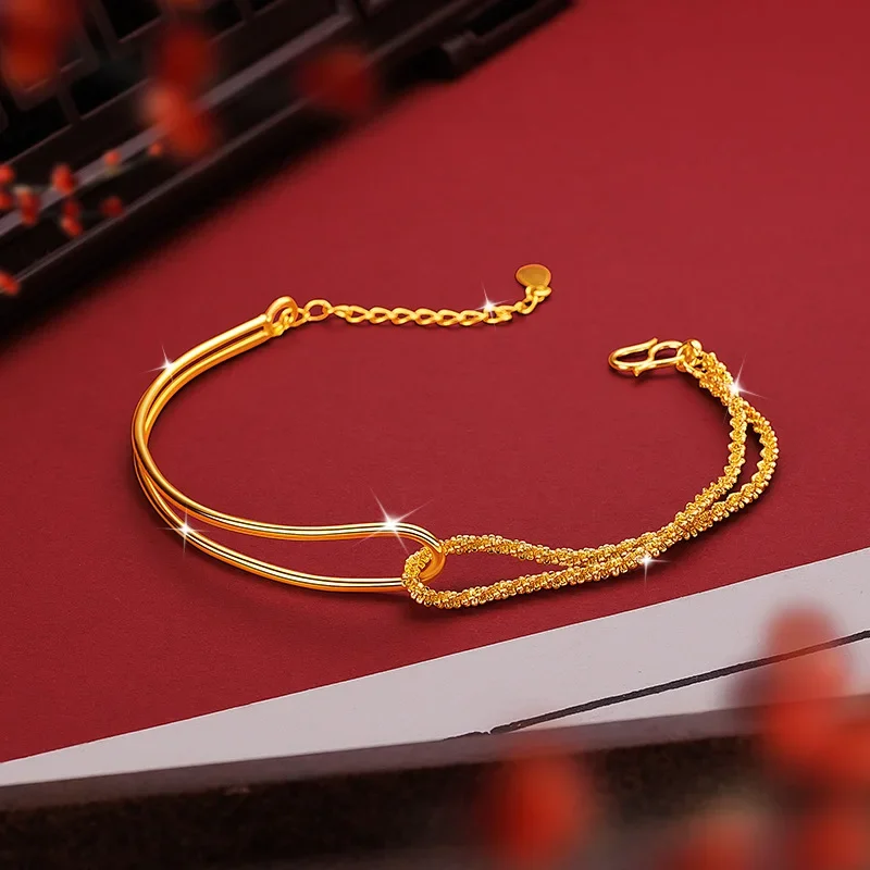 9999 Real Gold 24K Yellow Gold Niche Design Advanced Sense Asymmetric Gypsy Star Bracelet Chain Caterpillar Half Bracelet