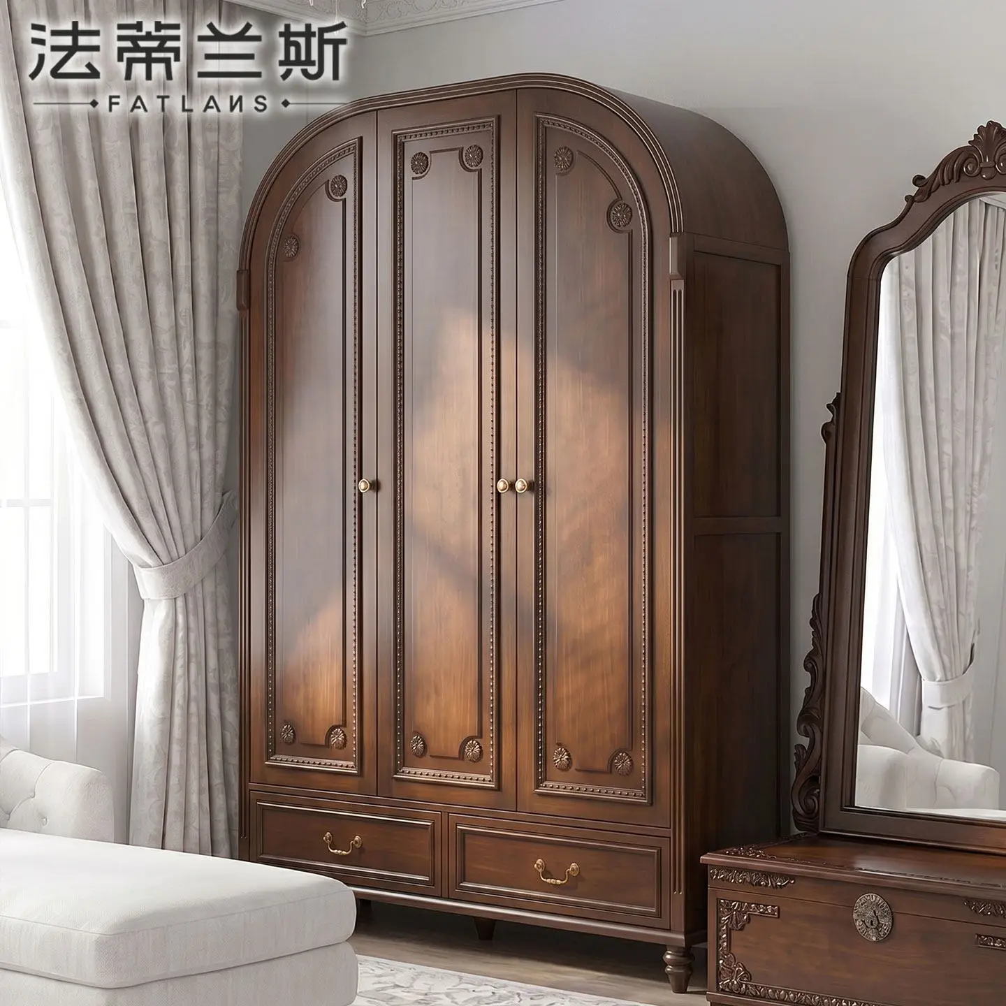 

PYJ all solid wood medium antique retro European arched light luxury bedroom wardrobe